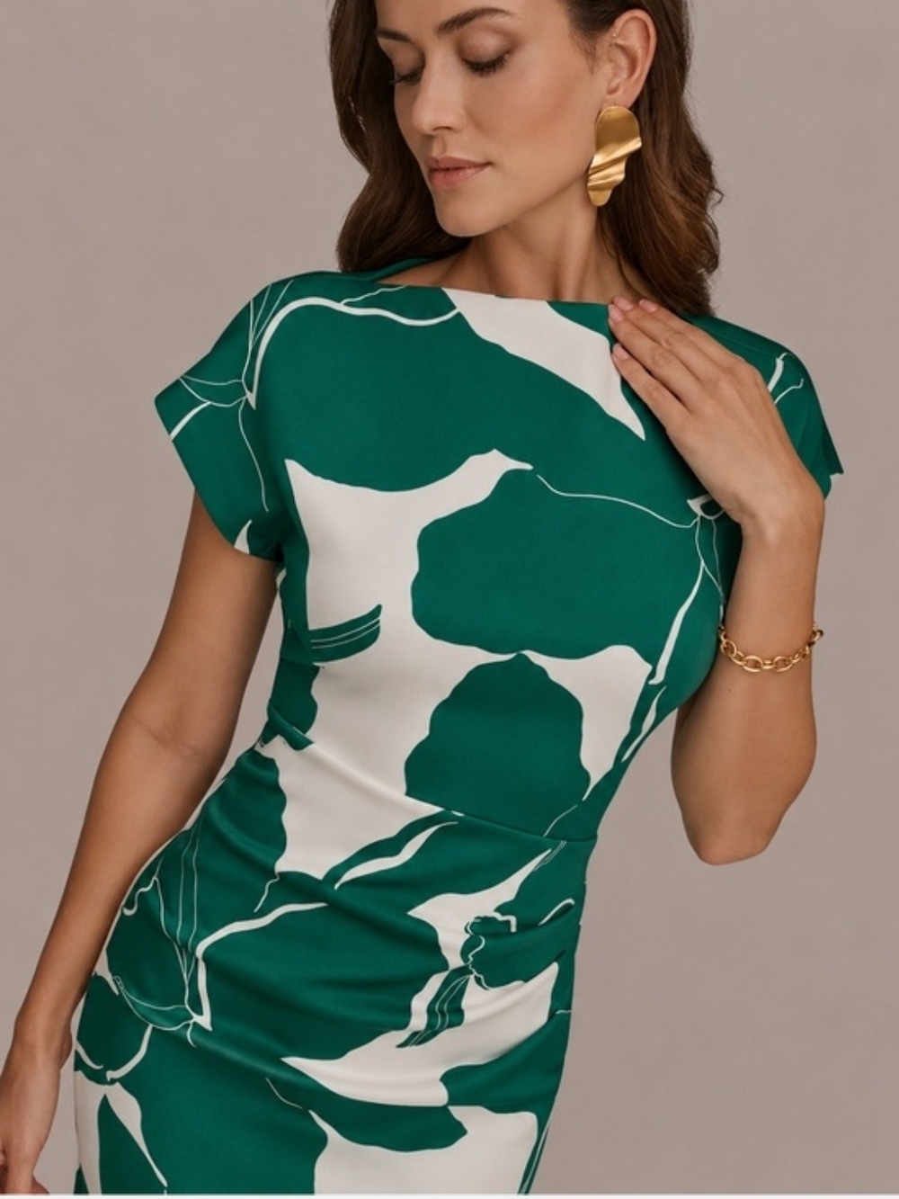 Donna Karan Green & White Botanical Sheath Midi Dress - Picture 3 of 5